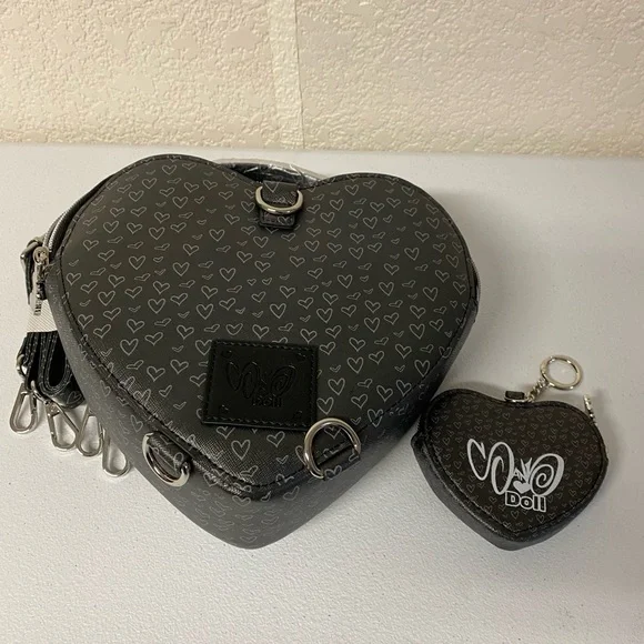 Black/Gray Sand Doll Heart Backpack with key and coins chain purse STATE Bags | Kane Mini Backpack Metallic Fuzzy Hearts | Back  main image 3
